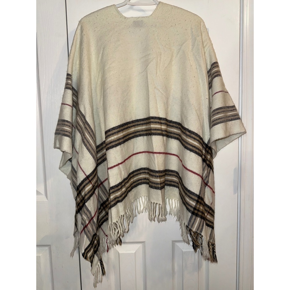 Veraa's Plaid Poncho Cape Shawl Fringe Open Front‎ Cream Brown Red